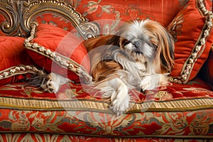 Majestic Pekingese Dog Lounging on a Luxurious Vintage Victorian Sofa with Red and Gold Patterns