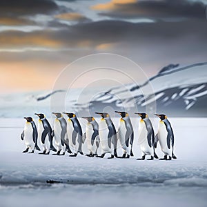 Majestic penguin parade on icy terrain