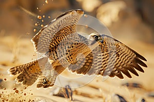 Majestic Peregrine Falcon in Flight over Desert Landscape, Sunlit Bird of Prey with Spread Wings and Detailed Feathers, Wildlife
