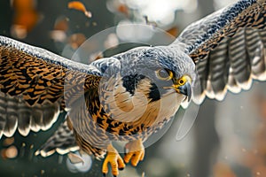 Majestic Peregrine Falcon in Flight with Spread Wings and Autumn Leaves Background
