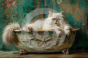 Majestic Persian Cat Lounging in an Ornate Vintage Bathtub with Elegant Floral Background