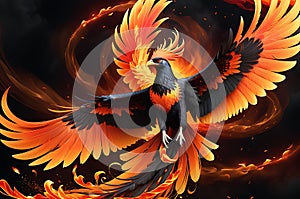 A Majestic Phoenix Ascending Mid-Flight from a Swirl of Fiery Orange and Red Flames, Wings Spread Wide