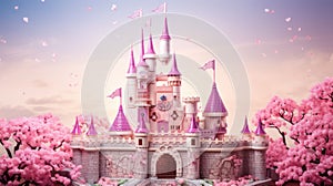 A majestic pink princess castle stands tall against a bright blue sky
