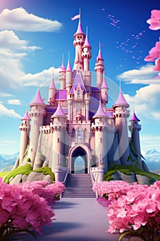 A majestic pink princess castle stands tall against a bright blue sky