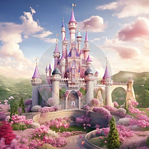 A majestic pink princess castle stands tall against a bright blue sky