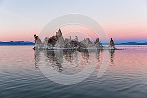 Majestic pink twilight in Mono Lake, California with immense rock formations