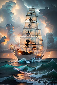 The Majestic Pirate Ship Sailing through Storm Clouds, a Turbulent Sea, and a Dramatic Sunset. AI generated