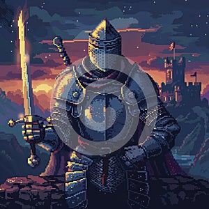 Majestic Pixel Art Knight With Glowing Sword Overlooking Castle at Dusk