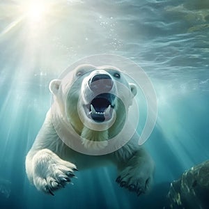 Majestic polar bear is captured in an underwater shot, looking directly at the camera. AI-generated.