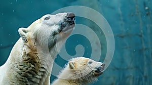 Majestic Polar Bear with Cub in Blue Water. Wildlife Portrait in Natural Habitat. Family Bonding Conceptual Photography