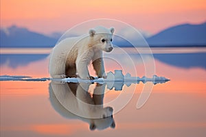 Majestic Polar Bear Cub Poses on Ice, Illuminated by the Radiant Hues of a Breathtaking Sunset