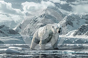 Majestic polar bear journeying through arctic ice fields with snowy mountains in the background photo
