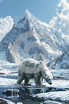 Majestic polar bear journeying through arctic ice fields with snowy mountains in the background photo