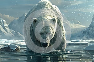 Majestic Polar Bear Standing at the Edge of Ice Floe in Arctic Ocean with Snow Capped Mountains in the Background