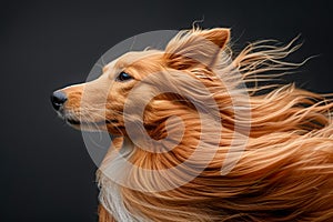 Majestic Portrait of a Long Haired Golden Dog with Windswept Fur Against a Dark Background, Symbolizing Elegance and Beauty in