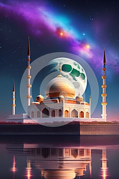 A majestic portrait of mosque on the side of lake against a beautiful sky Generative AI
