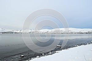 Majestic prestine white snow on sea shore and mountain photo