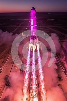 Majestic Purple Rocket Launch Illuminating the Night Sky with Bright Flames and Smoke at Liftoff from a Remote Launchpad