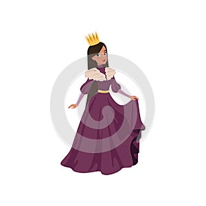 Majestic queen in golden crown European medieval character vector Illustration on a white background