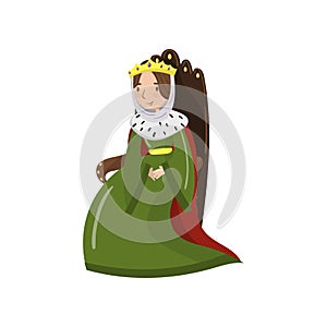 Majestic queen in golden crown sitting on wooden throne, fairytale or medieval character cartoon vector Illustration