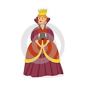 Majestic queen in purple dress and gold crown, fairytale or European medieval character colorful vector Illustration