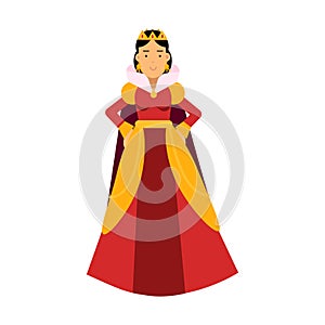 Majestic queen in red dress and gold crown, fairytale or medieval character colorful Illustration