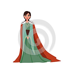 Majestic queen in red mantle European medieval character vector Illustration on a white background