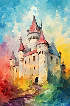 Majestic rainbow medieval castle. Fantasy kingdom. Style of impressionism and oil painting. Metaphorical associative