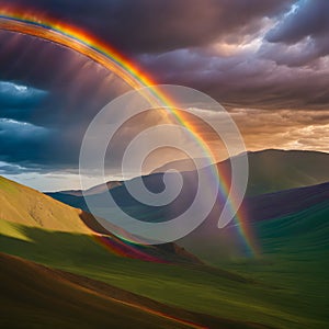 Majestic Rainbow Over Green Hills Under Sunlit Brooding Skies