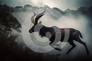 Majestic and rare, witness the Saola taking flight, by jumping through the clouds. Generative AI