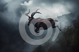 Majestic and rare, witness the Saola taking flight, by jumping through the clouds. Generative AI