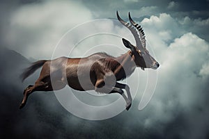 Majestic and rare, witness the Saola taking flight, by jumping through the clouds. Generative AI