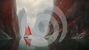 Majestic Red Boat Sailing Through Karst Mountains