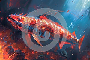 Majestic Red Dragon Fish Swimming in a Mystical Underwater World with Light Rays and Floating Particles