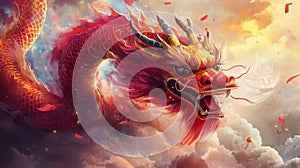 Majestic Red Dragon Soaring Through Clouds