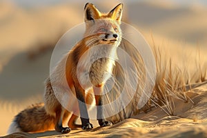 Majestic Red Fox Standing in Golden Sunlight on a Serene Sandy Dune Landscape