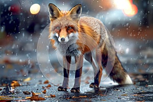 Majestic Red Fox Standing on Wet Street with Glowing Streetlights and Falling Snowflakes in Urban Setting