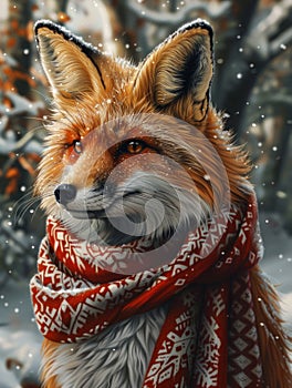 Majestic Red Fox Wearing a Decorative Scarf in a Snowy Winter Wonderland