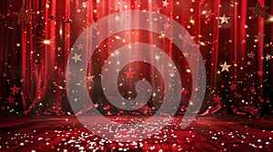 Majestic red stage curtains with glittering stars and spotlights. A theatrical and festive background ready for