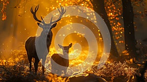 Majestic red stags and hinds stand amidst a sunlit misty forest during the autumn rutting season in the UK