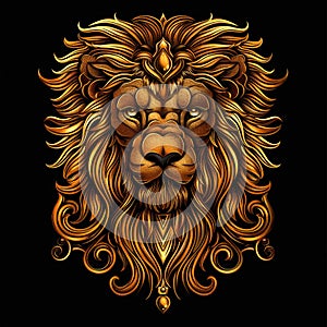 Majestic regal golden head of a lion on a black background. Decorative illustration