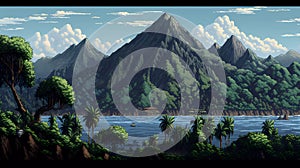 Majestic Retro Landscape Artwork of Scenic Mountains, Crystal Clear Waterfalls