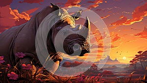 Majestic rhinoceros grazes on African savannah at dusk generated by AI