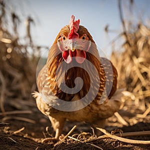 Majestic Rhode Island Red: Close-up of a Brown Chicken with Focused Eyes and Vibrant Feathers