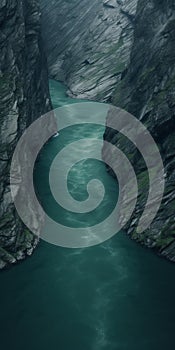 Majestic River: A Cinematic Composition Of A Deep Canyon In Dark Cyan And Green