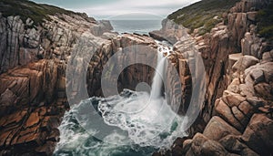 Majestic rock formation on cliff, waters edge, tranquil scene generated by AI