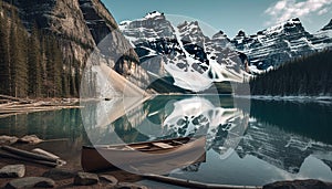 Majestic Rocky Mountains reflect tranquil Moraine Lake in Alberta generated by AI