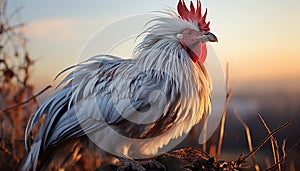 Majestic rooster crowing at sunrise, surrounded by colorful feathers generated by AI