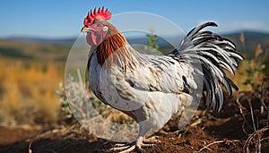 Majestic rooster pecking, standing in green meadow, surrounded by chickens generated by AI