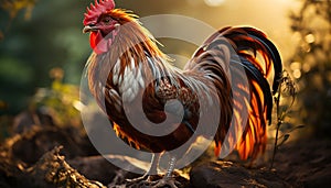 Majestic rooster standing in farm, pecking grass with vitality generated by AI